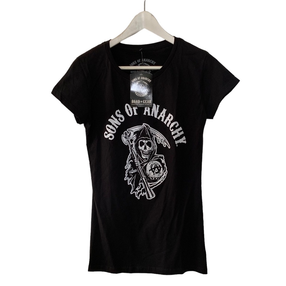 Sons of Anarchy Women’s Fitted Graphic T Shirt Black and White Reaper L, XL, 2XL